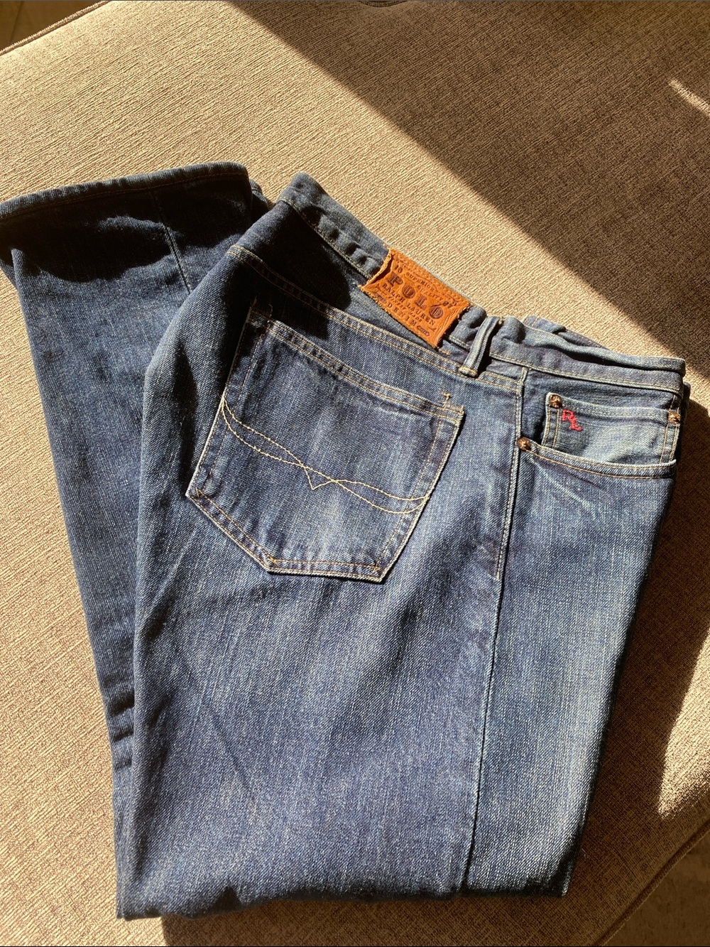 Polo by Ralph Lauren Straight Jeans in Dark Blue with Leather patch.